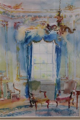 Lot 1197 - *Paul Riley was (b.1944) watercolour - interior scene, ‘Blue Curtains’, signed, in glazed gilt frame, 56cm x 43cm