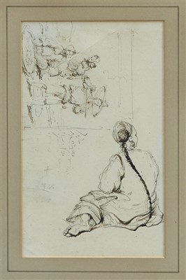 Lot 1198 - George Chinnery (1774-1852) pencil and ink sketches of Chinese figures, entitled verso ‘A Study for a Picture in the National Gallery of Ireland, in glazed frame, 18cm x 11cm