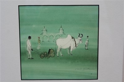 Lot 1199 - *David Gentleman (b.1930) pair of pen, ink and watercolours - Bullocks at work, signed, in glazed gilt frames, 15cm square, together with a signed artists proof print, 12cm x 22cm (3)