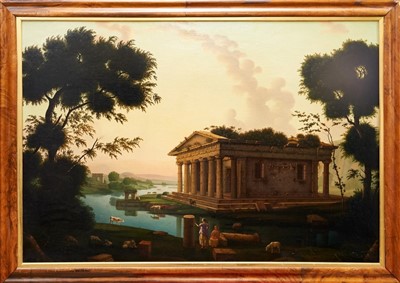 Lot 1183 - Pair of 19th Continental school Grand Tour oil on canvas - figures and livestock before temples in extensive river landscapes, in maple veneered frames, 88cm x 125cm