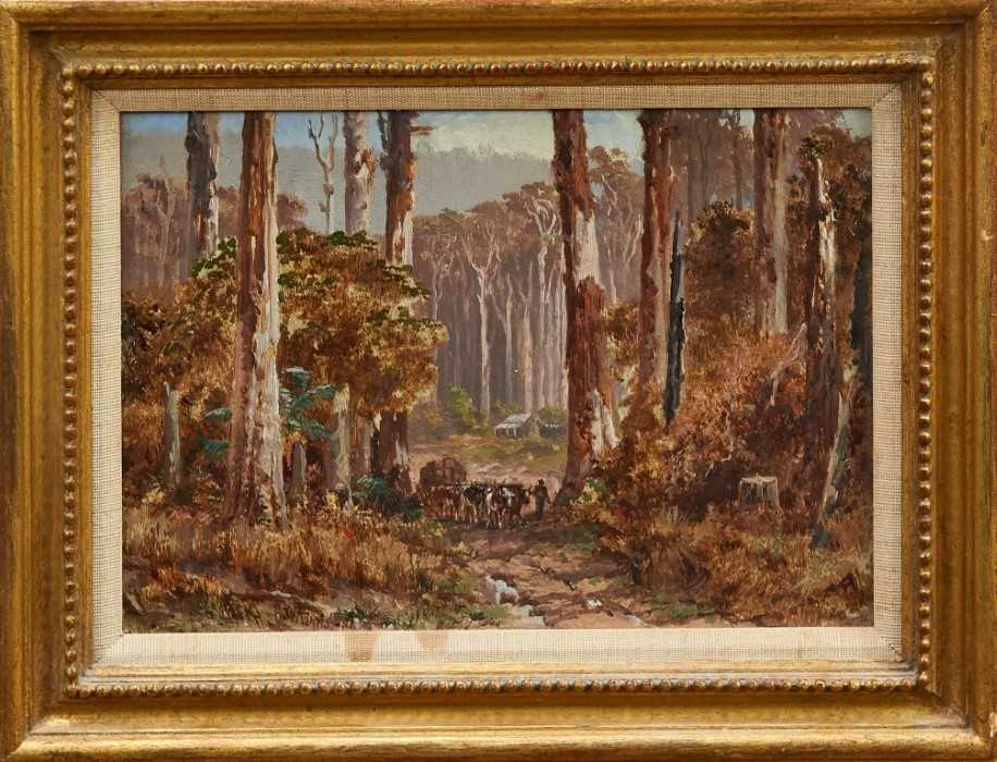 Lot 1092 - James Waltham Curtis  (c.1839-1901) oil on board - The Timber Wagon, signed and dated ‘86, in gilt frame, 16cm x 23cm