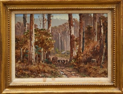 Lot 1178 - James Waltham Curtis  (c.1839-1901) oil on board - The Timber Wagon, signed and dated ‘86, in gilt frame, 16cm x 23cm