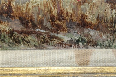 Lot 1092 - James Waltham Curtis  (c.1839-1901) oil on board - The Timber Wagon, signed and dated ‘86, in gilt frame, 16cm x 23cm