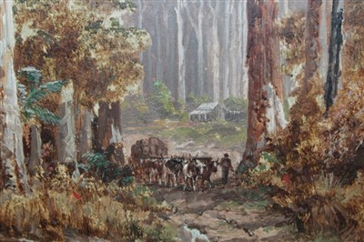Lot 1092 - James Waltham Curtis  (c.1839-1901) oil on board - The Timber Wagon, signed and dated ‘86, in gilt frame, 16cm x 23cm
