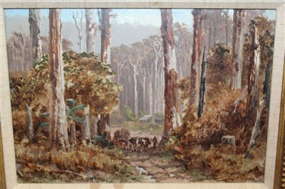 Lot 1092 - James Waltham Curtis  (c.1839-1901) oil on board - The Timber Wagon, signed and dated ‘86, in gilt frame, 16cm x 23cm