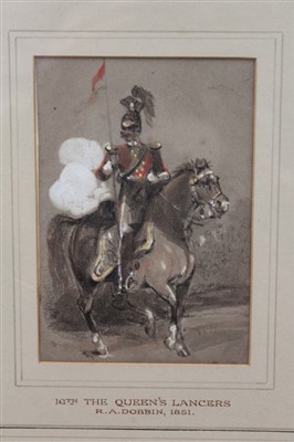 Lot 1179 - R. A. Dobbin, mid 19th century pencil and watercolour - a member of the 16th The Queen’s Lancers on horseback, in glazed gilt frame, 11.5cm x 8cm