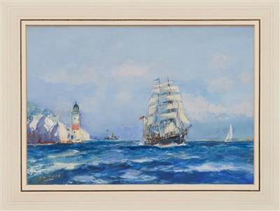 Lot 1184 - *Frank Henry Mason (1876-1965) pencil, watercolour and gouache - shipping the coast before a lighthouse, signed, in glazed gilt frame, 26cm x 37cm