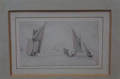 Lot 1187 - A collection of nine 19th century English school pencil and watercolour sketches - sailing vessels, one dated 1866, framed as a pair of displays, smallest 4cm x 6cm, largest 12.5cm x 9cm