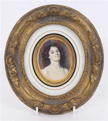 Lot 1188 - Iris C. Moncrieff Bell (d.1962) oval portrait miniature on ivory - a lady “Myrtle”, signed and dated 1939, in oval gilt frame, inscribed verso, 7cm x 5.5cm