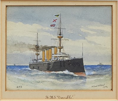 Lot 1218 - William Frederick Mitchell (1845-1914) watercolour - H.M.S. “Terrible”, signed and dated 1902, numbered 2113, in glazed frame, 10cm x 13cm