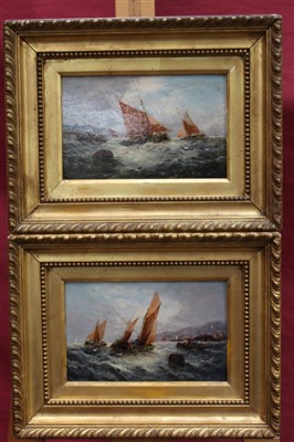 Lot 1231 - William Thornley (act.1858-1898) pair of oils on panel - shipping off the coast, in gilt frames, 12cm x 20cm