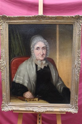 Lot 1233 - Mid 19th century English school oil on canvas - portrait of a lady seated in an interior, in gilt frame, 71cm 56cm