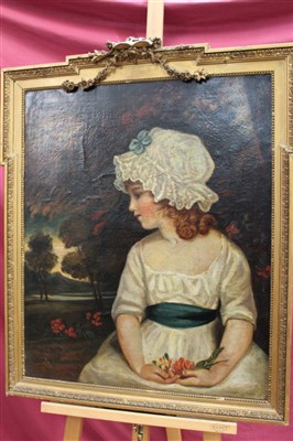 Lot 1248 - Mid 19th century English school oil on canvas - portrait of a girl seated in a landscape, in ornate gilt frame, 75cm x 62cm