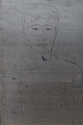 Lot 1258 - *Edward Wolfe (1896-1981) ink on Chinese silver board - Portrait of a Young Man, 107cm x 48cm, in glazed frame