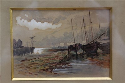 Lot 1261 - Group of eight 19th watercolours to include: John Finnie (1829-1907) landscape, Andrew Black (1850-1916) Largo Harbour, dated 1883, C. Mary Hibbs corn stooks and others, each in glazed frame