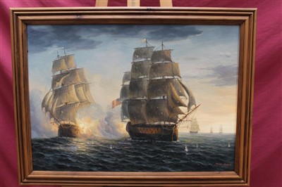 Lot 1267 - James Hardy, 20th century oil on board - an American naval sea battle, signed, framed, 49cm x 69cm