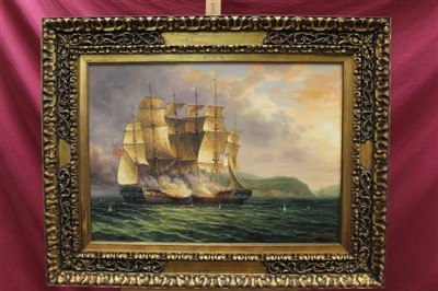 Lot 1268 - James Hardy, 20th century oil on board - an American naval sea battle, signed, framed, 49cm x 69cm