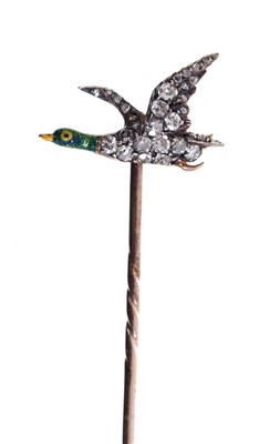 Lot 550 - Antique diamond and enamel novelty stick pin in the form of a flying duck with enamel head and pavé set diamond wings and body