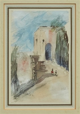 Lot 1274 - Hercules Brabazon Brabazon (1821-1906) watercolour and chalk - The Entrance To The Alhambra, initialled and inscribed, in glazed gilt frame, 18cm x 11.5cm