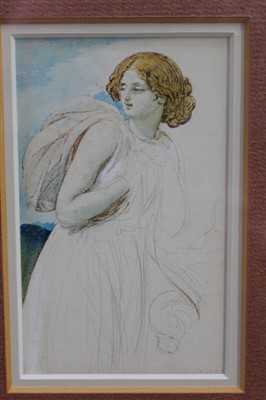 Lot 1275 - William Edward Frost (1810-1877) pencil and watercolour sketch - a female figure, signed, in glazed gilt frame, 11cm x 6.5cm