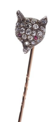 Lot 552 - Antique diamond novelty stick pin in the form of a fox’s head with ruby eyes and pavé set old cut diamonds in silver setting on gold