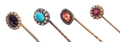 Lot 563 - Four antique stick pins – to include a turquoise and rose cut diamond cluster, Victorian banded agate and seed pearl cluster, garnet and seed pearl cluster and a diamond and orange stone cluster