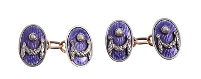 Lot 567 - Pair Russian-style gold and enamel cufflinks, each oval panel with applied seed pearl and white metal swags, on a purple guilloche enamel ground