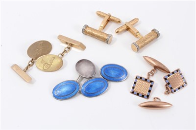 Lot 568 - Pair of gold cufflinks with textured gold bars with diamond set bands, two other pairs of 9ct gold cufflinks and a pair of silver and blue enamel cufflinks