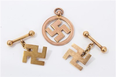 Lot 569 - Pair early 20th century 18ct gold cufflinks with reverse swastika design and a similar 9ct rose gold fob