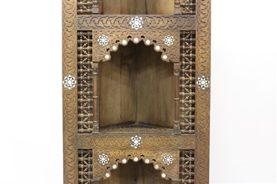 Lot 1508 - 19th century Moorish teak and mother of pearl; inlaid standing corner cupboard