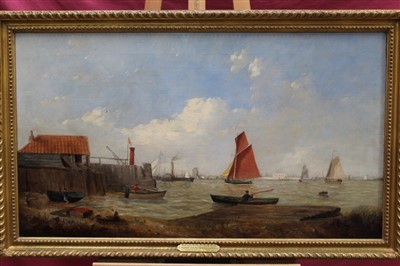 Lot 1293 - Mid 19th century English school oil on canvas - The South Bank of The Thames looking towards Blackwall, in gilt frame, 88cm x 50cm