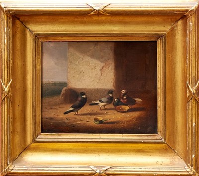 Lot 1294 - Francois Vandeverdonck (1848-1875) pair of oils on panel - Pigeons in the loft and before a barn, each signed and dated 1861, inscribed verso, in gilt frames, 17.5cm x 22.5cm