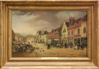 Lot 1295 - Mid 19th century English school oil on board - Enfield High Street, circa 1840, in gilt frame, 28cm x 45cm