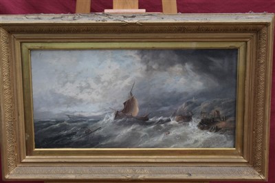 Lot 1296 - William Harry Williamson (1820-1883) pair of oils on canvas - shipping and wrecks in rough seas off the harbour, signed and indistinctly dated, in glazed gilt frames, 31cm x 61cm