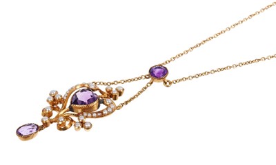 Lot 603 - Edwardian amethyst and seed pearl pendant necklace