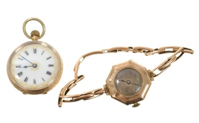 Lot 748 - 1920s ladies' Rolex 9ct gold wristwatch on expanding bracelet and 9ct gold fob watch (2)