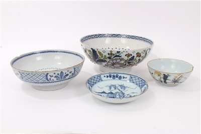 Lot 202 - 18th century Delft polychrome punch bowl with painted floral decoration and other Delft ware (4)