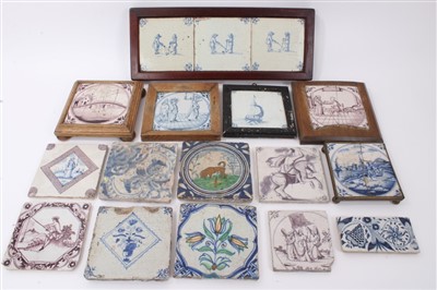 Lot 203 - Collection of 17th /18th century Delft tiles – blue and white, Manganese and polychrome (17)