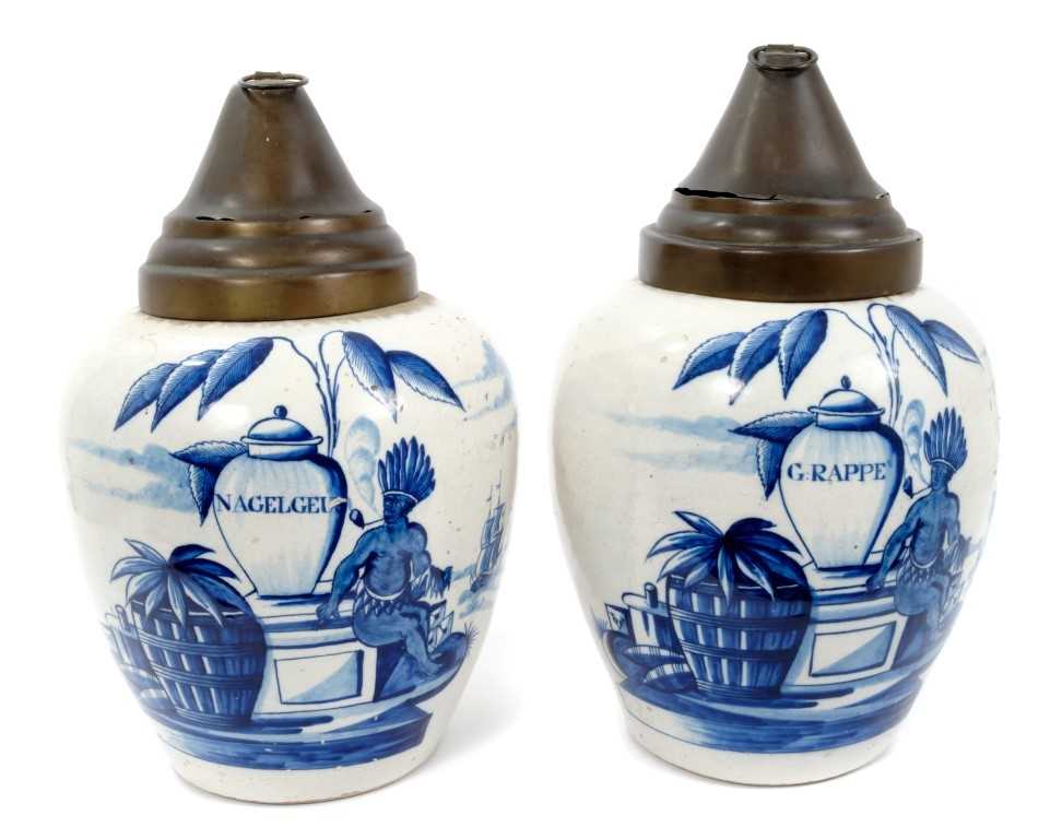 Lot 204 - Rare pair mid-18th century Dutch Delft blue and white V.O.C. tobacco jars