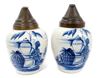 Lot 204 - Rare pair mid-18th century Dutch Delft blue and white V.O.C. tobacco jars