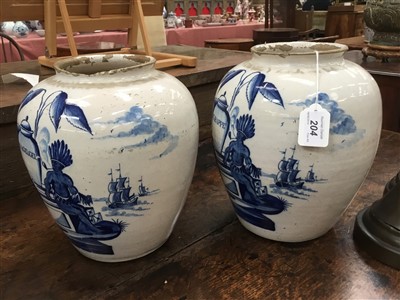 Lot 204 - Rare pair mid-18th century Dutch Delft blue and white V.O.C. tobacco jars