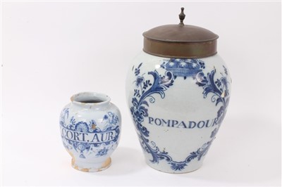 Lot 205 - Mid-18th century Delft tobacco jar, painted ‘Pompadour’, 30cm and 18th century Delft drug jar