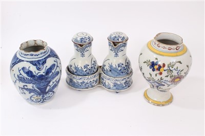 Lot 207 - 18th century Dutch Delft polychrome vase, Delft fluted vase and rare Delft pair oil/vinegar bottles