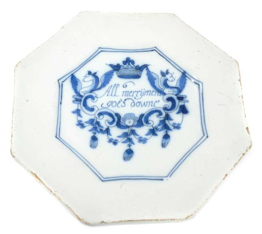 Lot 208 - Rare 17th century Delft blue and white Merryman rhyme plate of octagonal form