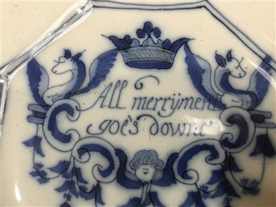 Lot 208 - Rare 17th century Delft blue and white Merryman rhyme plate of octagonal form