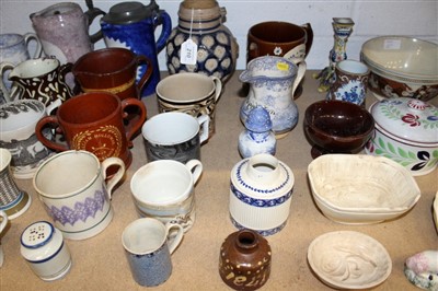 Lot 210 - 17th c. German Westerwald salt glazed ale jug, two 18th c. Cont. tankards and collection pottery