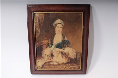 Lot 107 - Early Victorian English School watercolour portrait of HM Queen Victoria on a theatre balcony