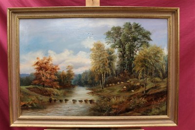 Lot 1315 - J. Allen, 19th century oil on canvas - sheep grazing beside a river, signed and indistinctly dates, in gilt frame, 50cm x 75cm