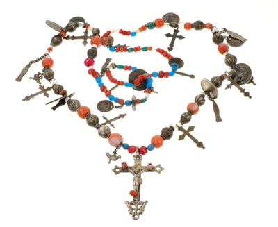 Lot 705 - 19th century-style rosary with coral, coloured glass and white metal beads and religious emblems