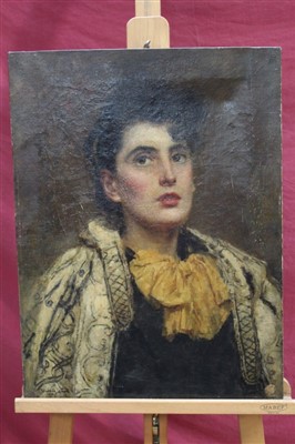 Lot 1332 - Ursula Wood, late Victorian oil on canvas - portrait of a lady in ornate cloak, signed and dated 1896, unframed, 61cm x 46cm